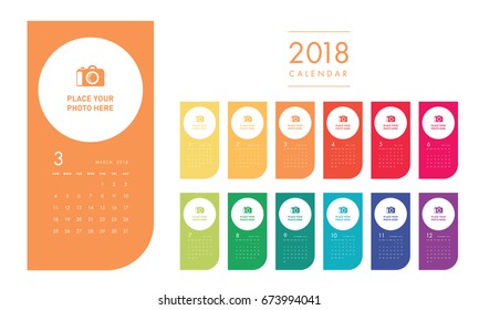 Colorful photo calendar Layout for 2018 years. Week starts from Sunday.