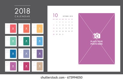 Colorful photo calendar Layout for 2018 years. Week starts from Sunday.