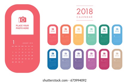 Colorful photo calendar Layout for 2018 years. Week starts from Sunday.
