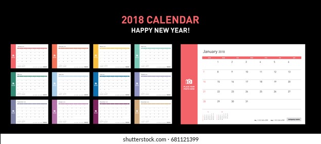 Colorful photo calendar Layout for 2018 years. Week starts from Sunday.