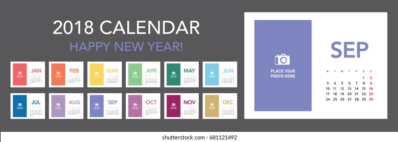 Colorful photo calendar Layout for 2018 years. Week starts from Monday.