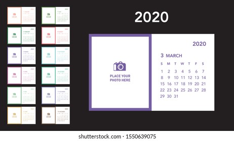 Colorful photo calendar Layout for 2020 years. Week starts from Sunday.