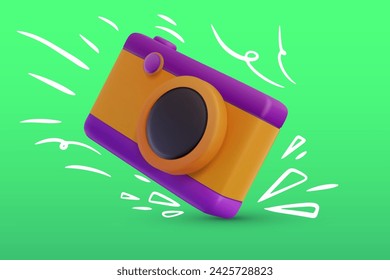 Colorful photo camera with doodle elements in bright cartoon 3d style. Cute modern minimal vector illustration. Creative fashion composition.