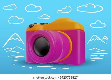 Cámara de fotos colorida con elementos de garabato en estilo 3d de dibujos animados brillante. Ilustración vectorial mínima moderna linda. Composición de moda creativa.