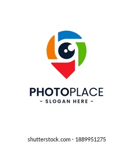 Colorful photo point logo design template. Abstract combination of camera with navigation pin icon vector. Concept of place for photography. Flat style for graphic design, logo, web, UI.