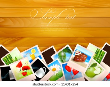 Colorful photos on wooden background. Vector illustration.