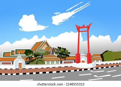 Colorful of PHRAM GIANT SWING "SAO CHING CHA" and Wat Suthat Thepwararam "WAT SUTHAT TEMPLE" Bangkok Thailand, Illustration flat design.