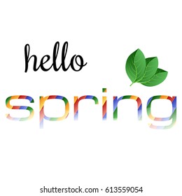 Colorful phrase Hello Spring with green leaves. Vector illustration.

