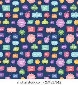 Colorful phrases repeat pattern on blue background