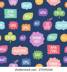 Colorful phrases seamless pattern on blue background