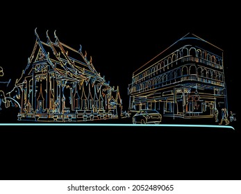 Colorful Phuket Thailand Drawing on black. Well crafted vector sketch für private and commercial use.