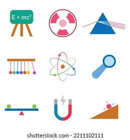 Colorful Physics icon set. Science physics icons. Scientific vector illustration isolated on white background.