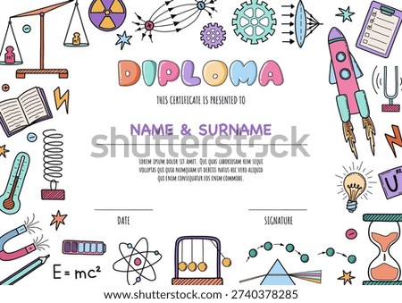 Colorful physics science concept diploma template for kids with doodle lab tools and elements. Perfect for preschool or elementary school awards and certificates. Vector border on white background