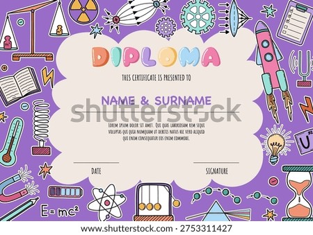 Colorful physics science concept diploma template for kids with doodle lab tools and elements. Perfect for preschool or elementary school awards and certificates. Vector border on purple background
