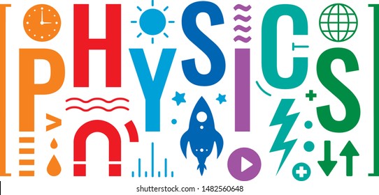 colorful physics word and physics symbols design