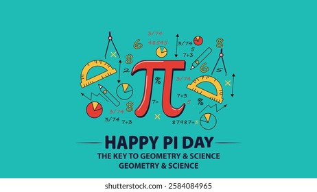 A colorful Pi Day banner with geometric tools surrounding the Pi symbol, highlighting Pi as the key to geometry and science, and celebrating the beauty of math.