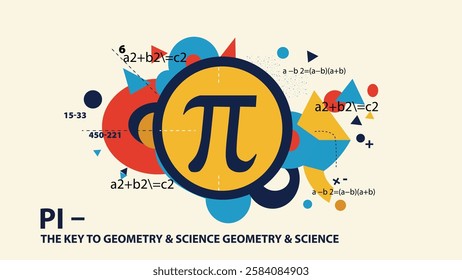 A colorful Pi Day banner showcasing the Pi symbol surrounded by mathematical formulas and geometric shapes, celebrating Pi's importance in geometry and science.