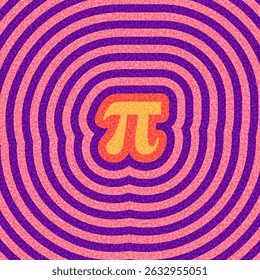 Símbolo pi colorido centralizado em linhas onduladas concêntricas em rosa e roxo. Ilustração vetorial com contraste vibrante.