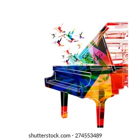 Colorful piano design with hummingbirds