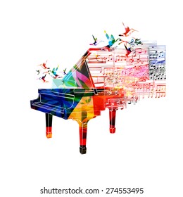 Colorful piano design with hummingbirds