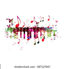 Colorful piano keyboard with music notes. Music instrument background vector illustration. Design for poster, brochure, invitation, banner, flyer, card, music concert and music festival