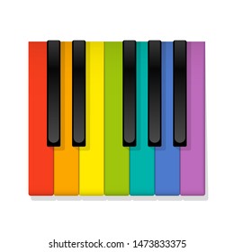 Colorful piano keyboard octave with colored instead of white keys to play, symbolic for fun and joy when learning and playing the piano. Vector on white.
