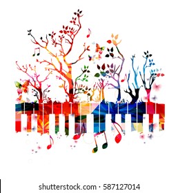 Teclado de piano colorido con árboles y notas musicales. Ilustración vectorial de fondo del instrumento musical. Diseño de afiches, folletos, invitaciones, pancartas, volantes, conciertos y festivales musicales