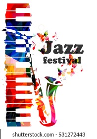 Colorful piano keys and saxophone vector illustration. Jazz music concert poster.