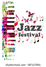 Colorful piano keys vector illustration, music instrument background with music notes. Jazz festival inscription. Jazz music concert poster. Jazz lettering. Typographic music event invitation