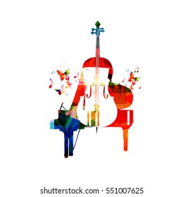 Colorful piano and violoncello vector illustration. Music instruments background. Design for poster, brochure, invitation, banner, flyer, concert and festival