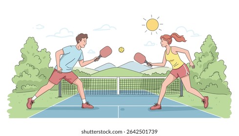 Colorful pickleball match in a sunny outdoor setting. Male and female players in action, with green hills, blue sky, and dynamic movement. Fun sports illustration for all ages.
