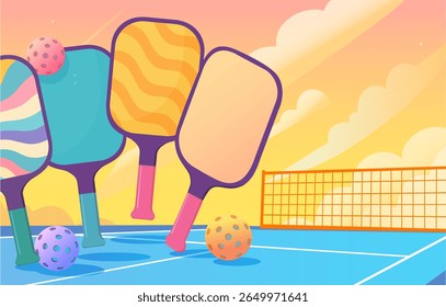 Colorful pickleball paddles and balls arranged playfully on a court with a vibrant sunset background and soft cloud shapes in a fun cartoon style