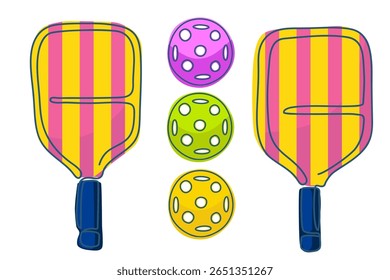 Colorful pickleball paddles and balls – vector clipart for sport gear design, blog, and merch use
