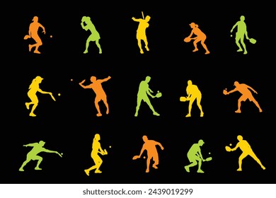 Colorful pickleball players pose on a black background