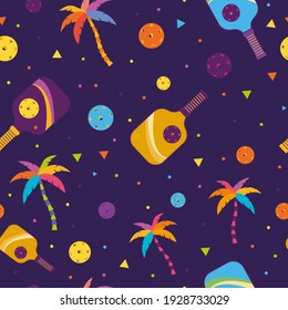 Colorful pickleball seamless pattern. Balls, racquets, 
palm trees on dark violet background. Good for t-shirt design, fabric print, greeting card, wrapping, wallpapers, etc. Vector illustration.