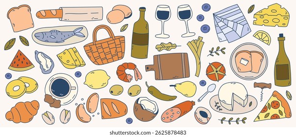 Colorful picnic doodles with food, drinks, and outdoor elements. Cheerful and casual hand-drawn illustrations.