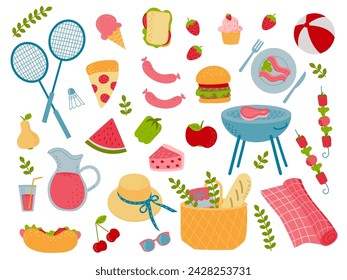 Colorful picnic Set Illustrations. Vegetables And Fruits, Bakery, Sandwiches, Picnic Basket, Barbecue isolated vector set.