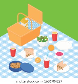 Colorful picnic set. Isometric vector illustration in flat design.