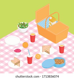 Colorful picnic set. Isometric vector illustration in flat design. 