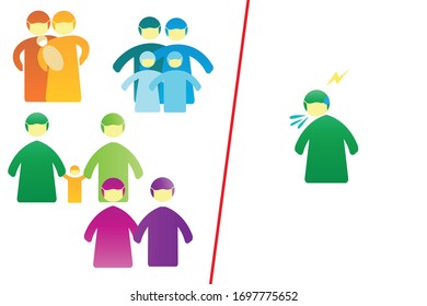 Colorful pictogram showing the behavior of sick and healthy people during the coronovirus epidemic.
