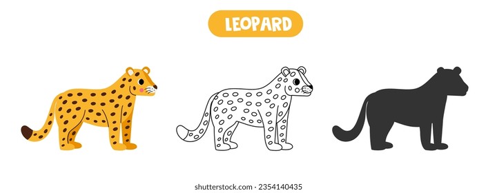 Colorful picture, black and white illustration, vector silhouette. Cute cartoon leopard.
