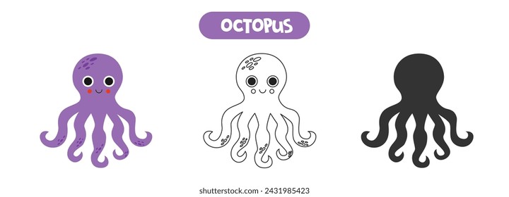 Colorful picture, black and white illustration, vector silhouette. Cute purple octopus.