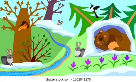 
Colorful picture for children. Spring forest. Blossom trees and flowers. The bear sleeps in the den. Hares are jumping. Vector and illustration.