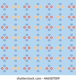 Colorful picture: the cute pattern with hearts and flowers on a color background