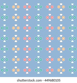Colorful picture: the cute pattern with hearts and flowers on a color background
