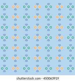 Colorful picture: the cute pattern with hearts and flowers on a color background