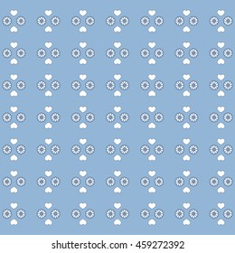 Colorful picture: the cute pattern with hearts and flowers on a color background