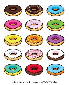 Colorful picture donuts in different glaze - vector illustration