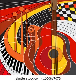 Colorful picture of guitar and piano. Vector illustration.