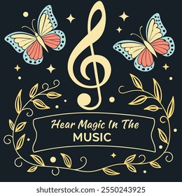 a colorful picture of a music festival with butterflies and a banner that says  hear magic .